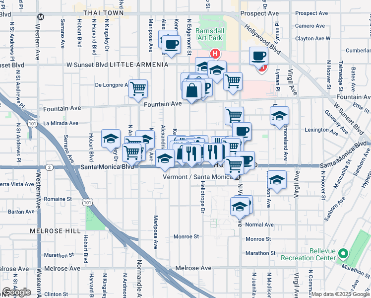 map of restaurants, bars, coffee shops, grocery stores, and more near 1138 North Edgemont Street in Los Angeles