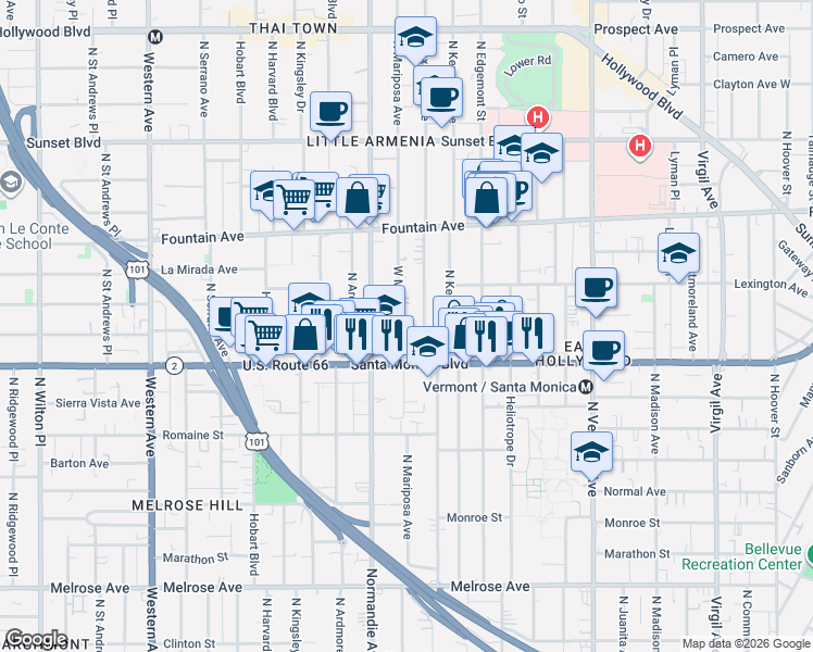 map of restaurants, bars, coffee shops, grocery stores, and more near 1136 North Mariposa Avenue in Los Angeles