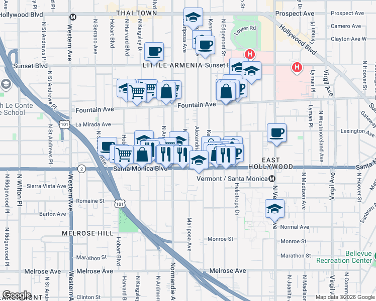 map of restaurants, bars, coffee shops, grocery stores, and more near 1136 North Mariposa Avenue in Los Angeles