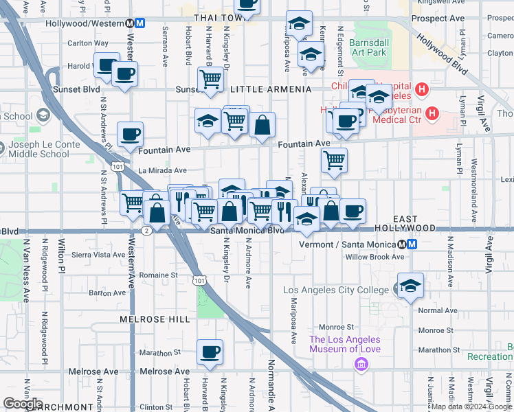 map of restaurants, bars, coffee shops, grocery stores, and more near 1152 North Kingsley Drive in Los Angeles