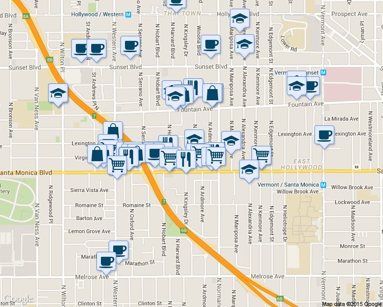 map of restaurants, bars, coffee shops, grocery stores, and more near 5229 Virginia Avenue in Los Angeles