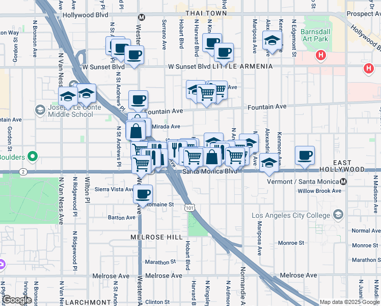 map of restaurants, bars, coffee shops, grocery stores, and more near 5301 Virginia Avenue in Los Angeles