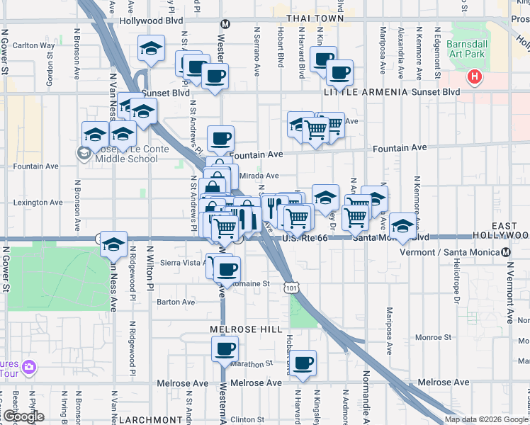 map of restaurants, bars, coffee shops, grocery stores, and more near 5357 Virginia Avenue in Los Angeles