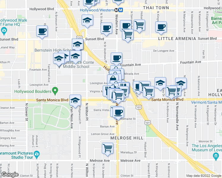 map of restaurants, bars, coffee shops, grocery stores, and more near 1151 Virginia Avenue in Los Angeles