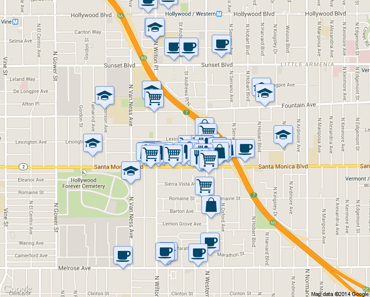 map of restaurants, bars, coffee shops, grocery stores, and more near 5603 Virginia Avenue in Los Angeles
