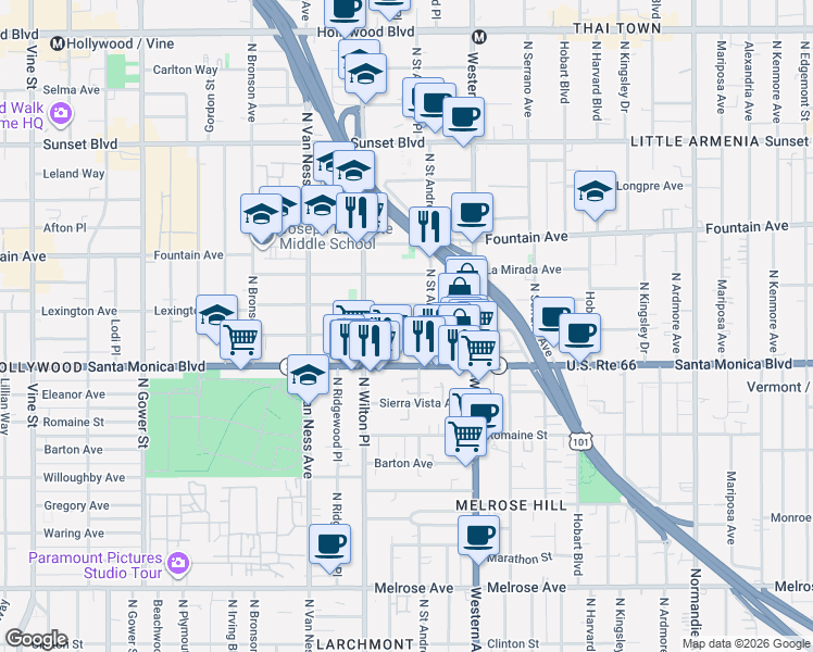 map of restaurants, bars, coffee shops, grocery stores, and more near 5645 Virginia Avenue in Los Angeles
