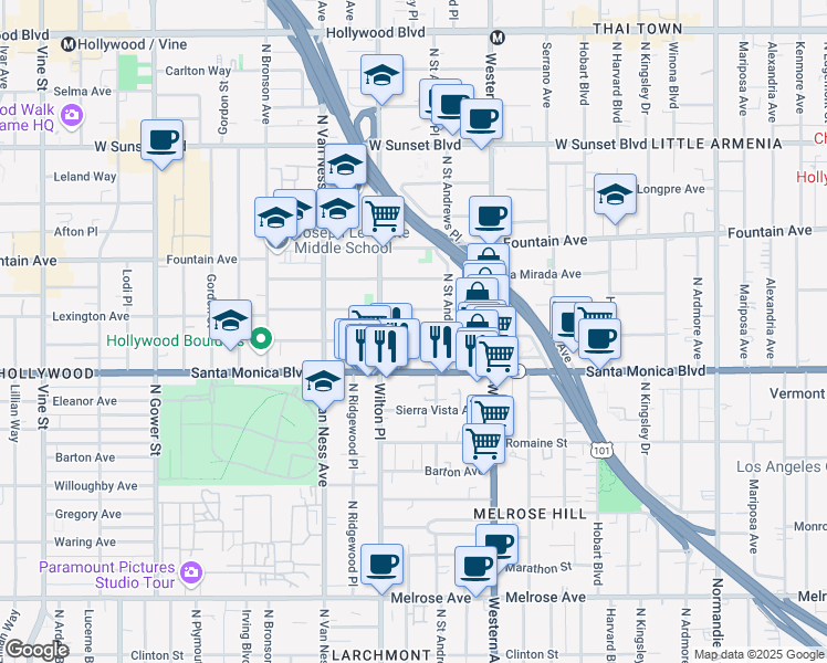 map of restaurants, bars, coffee shops, grocery stores, and more near 5647 Virginia Avenue in Los Angeles