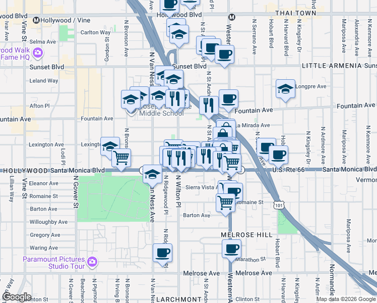 map of restaurants, bars, coffee shops, grocery stores, and more near 5645 Virginia Avenue in Los Angeles