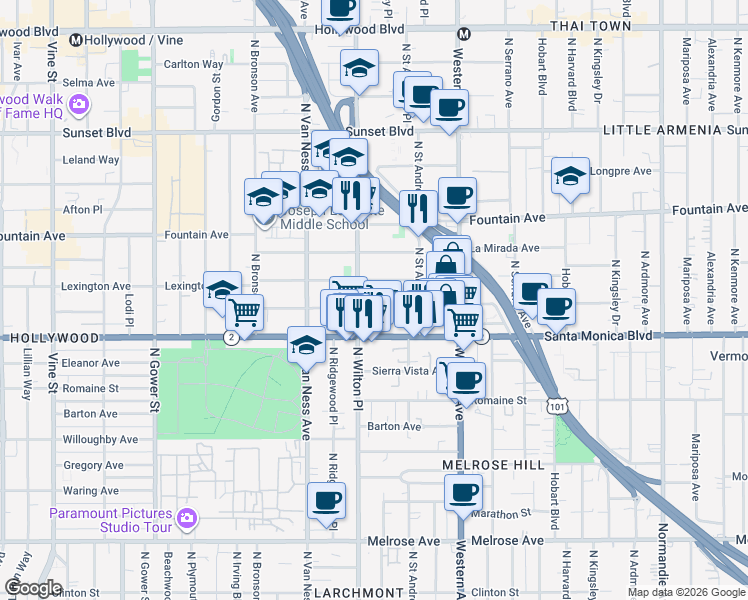 map of restaurants, bars, coffee shops, grocery stores, and more near 5645 Virginia Avenue in Los Angeles