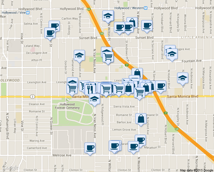 map of restaurants, bars, coffee shops, grocery stores, and more near 5707 Virginia Avenue in Los Angeles