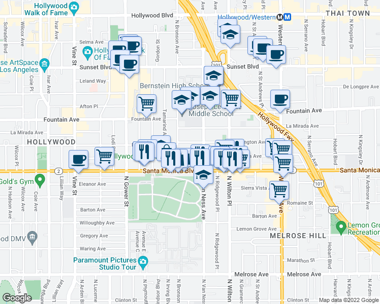 map of restaurants, bars, coffee shops, grocery stores, and more near 5831 Virginia Avenue in Los Angeles