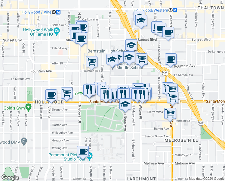 map of restaurants, bars, coffee shops, grocery stores, and more near 5831 Virginia Avenue in Los Angeles