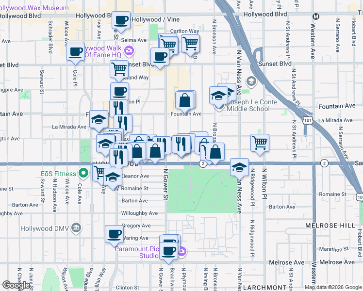 map of restaurants, bars, coffee shops, grocery stores, and more near 1143 North Beachwood Drive in Los Angeles