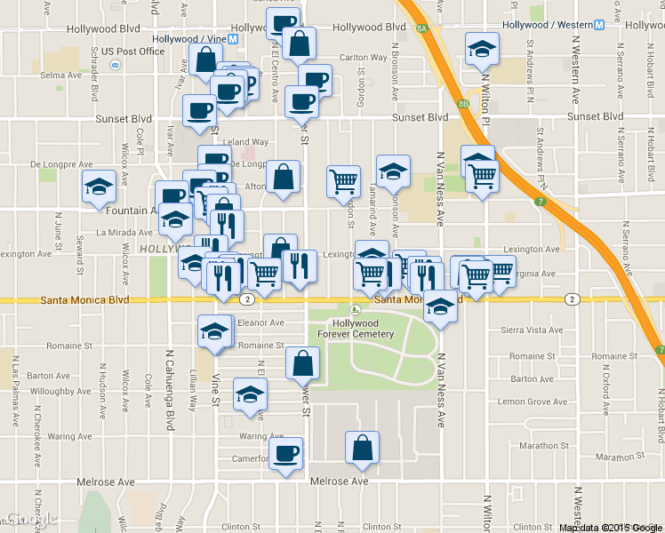 map of restaurants, bars, coffee shops, grocery stores, and more near 1143 Beachwood Drive in Los Angeles