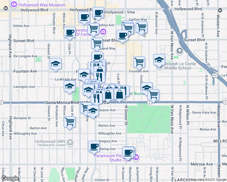 map of restaurants, bars, coffee shops, grocery stores, and more near 1138 North El Centro Avenue in Los Angeles