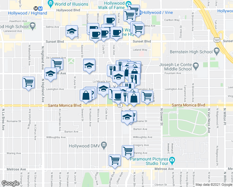 map of restaurants, bars, coffee shops, grocery stores, and more near 1144 North Cahuenga Boulevard in Los Angeles