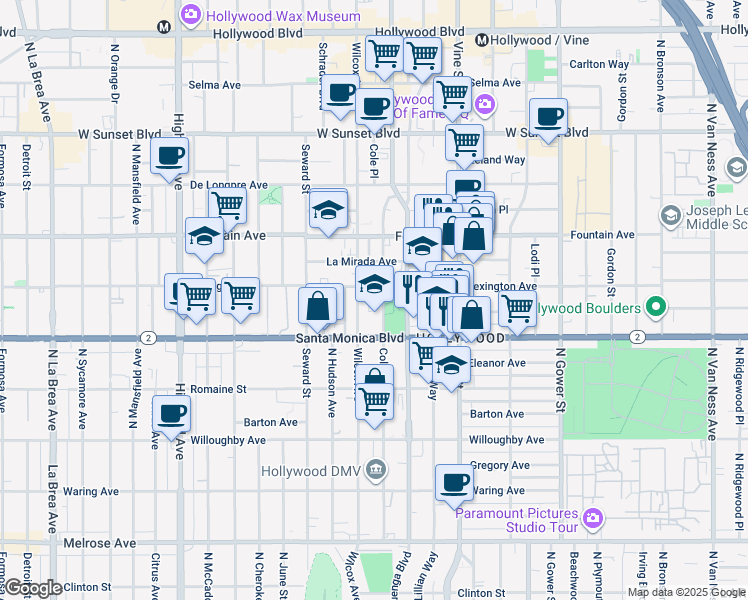 map of restaurants, bars, coffee shops, grocery stores, and more near 6446 Lexington Avenue in Los Angeles