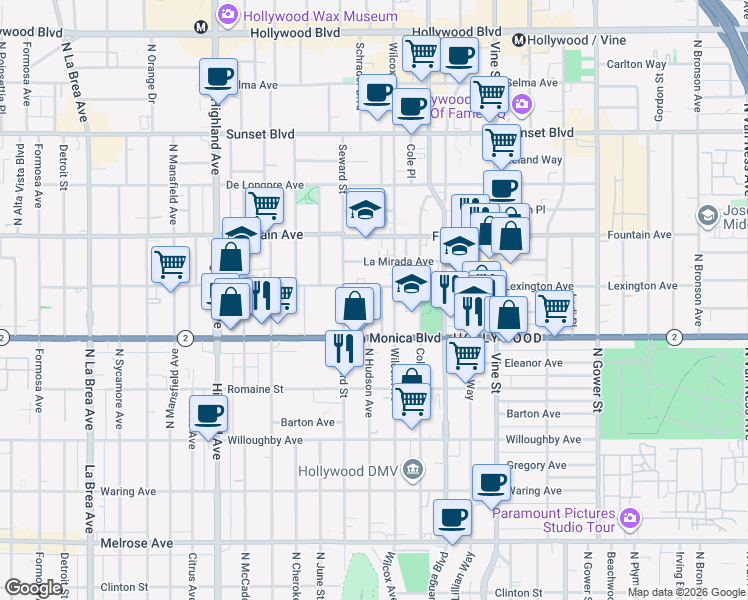 map of restaurants, bars, coffee shops, grocery stores, and more near 1143 Wilcox Place in Los Angeles