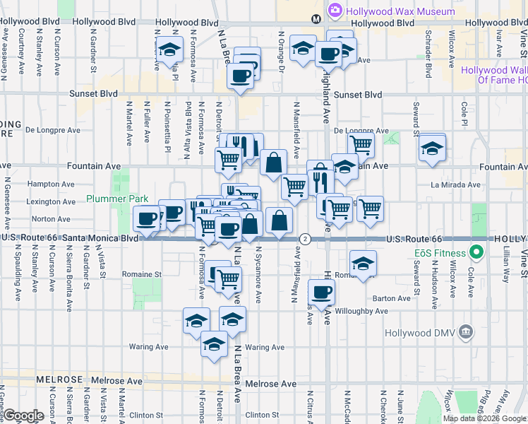 map of restaurants, bars, coffee shops, grocery stores, and more near 1142 North Sycamore Avenue in Los Angeles