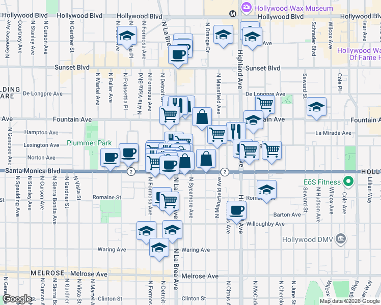 map of restaurants, bars, coffee shops, grocery stores, and more near 1142 North Sycamore Avenue in Los Angeles