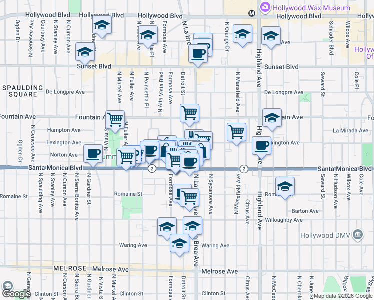 map of restaurants, bars, coffee shops, grocery stores, and more near 1139 North Detroit Street in West Hollywood