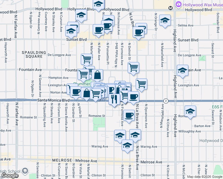 map of restaurants, bars, coffee shops, grocery stores, and more near 1139 Poinsettia Drive in West Hollywood