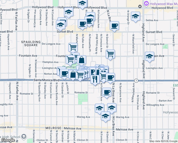 map of restaurants, bars, coffee shops, grocery stores, and more near 1139 Poinsettia Drive in West Hollywood