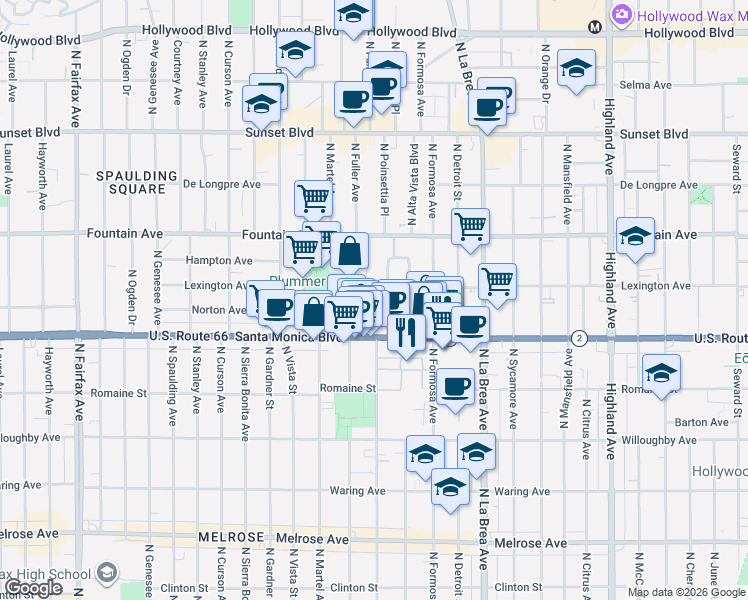 map of restaurants, bars, coffee shops, grocery stores, and more near 1139 Poinsettia Drive in West Hollywood
