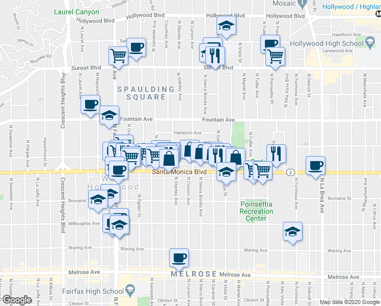 map of restaurants, bars, coffee shops, grocery stores, and more near 7551 Norton Avenue in West Hollywood