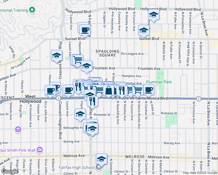 map of restaurants, bars, coffee shops, grocery stores, and more near 1136 North Ogden Drive in West Hollywood