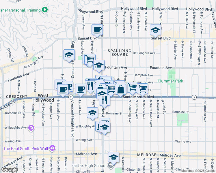 map of restaurants, bars, coffee shops, grocery stores, and more near 1145 North Orange Grove Avenue in West Hollywood