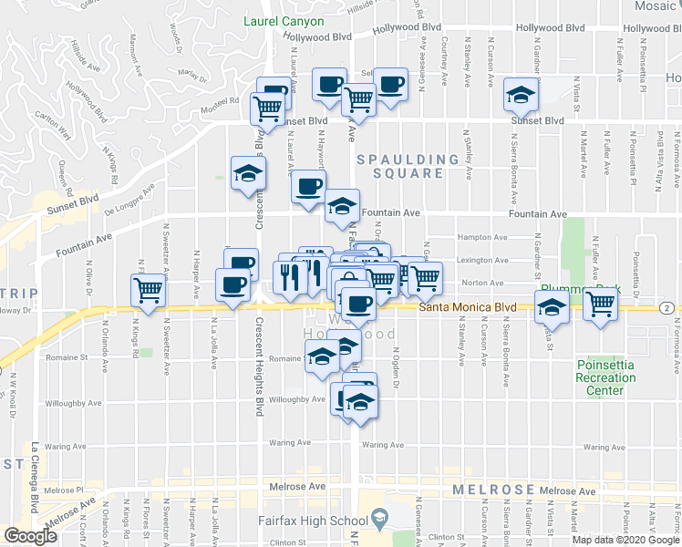 map of restaurants, bars, coffee shops, grocery stores, and more near 7911 Norton Avenue in West Hollywood
