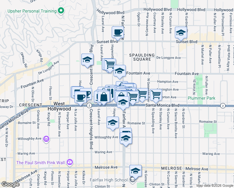 map of restaurants, bars, coffee shops, grocery stores, and more near 7911 Norton Avenue in West Hollywood