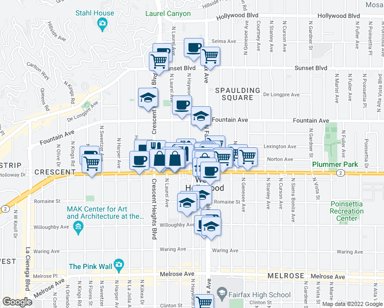 map of restaurants, bars, coffee shops, grocery stores, and more near 7955 Norton Avenue in West Hollywood