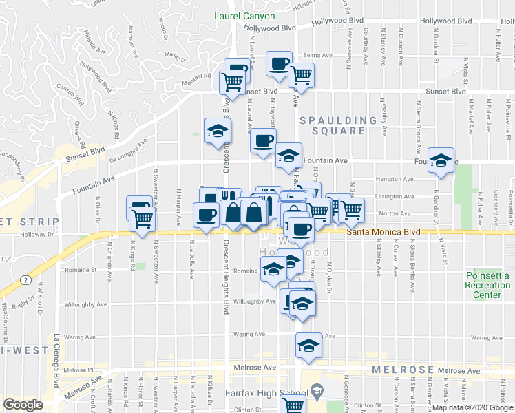 map of restaurants, bars, coffee shops, grocery stores, and more near 7955 Norton Avenue in West Hollywood