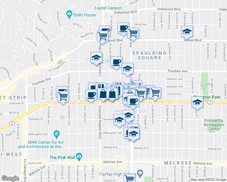 map of restaurants, bars, coffee shops, grocery stores, and more near 7955 Norton Avenue in West Hollywood