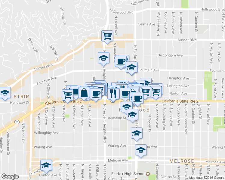 map of restaurants, bars, coffee shops, grocery stores, and more near 8011 Norton Avenue in West Hollywood