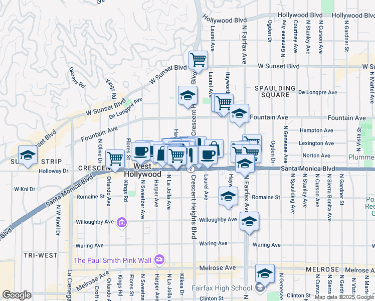 map of restaurants, bars, coffee shops, grocery stores, and more near 8109 1/2 Norton Avenue in West Hollywood