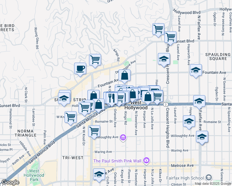 map of restaurants, bars, coffee shops, grocery stores, and more near 1210 North Kings Road in West Hollywood