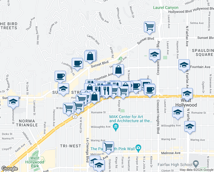 map of restaurants, bars, coffee shops, grocery stores, and more near 1206 North Olive Drive in West Hollywood