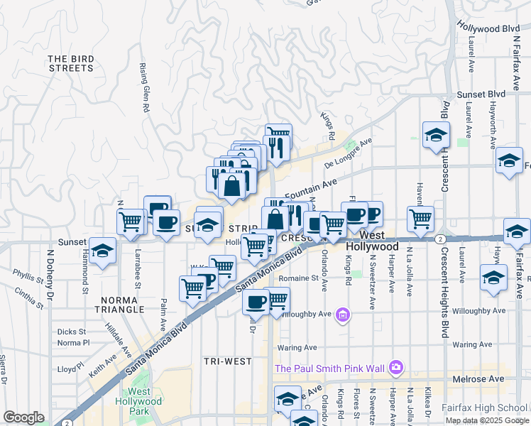 map of restaurants, bars, coffee shops, grocery stores, and more near 1155 La Cienega Boulevard in West Hollywood