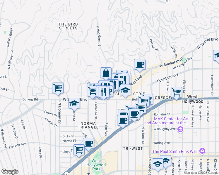 map of restaurants, bars, coffee shops, grocery stores, and more near 8780 Shoreham Drive in West Hollywood