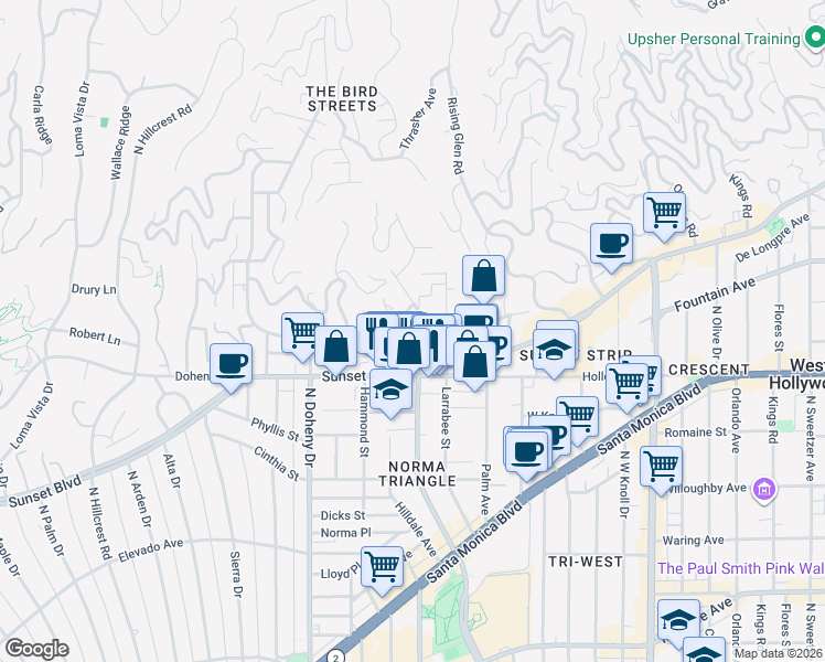 map of restaurants, bars, coffee shops, grocery stores, and more near 1147 North Clark Street in West Hollywood