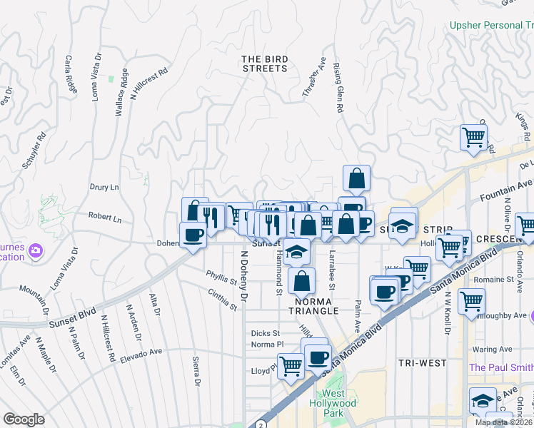 map of restaurants, bars, coffee shops, grocery stores, and more near 9035 Shoreham Drive in Los Angeles