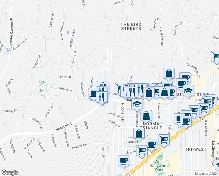 map of restaurants, bars, coffee shops, grocery stores, and more near 1190 Sunset Hills Road in Los Angeles