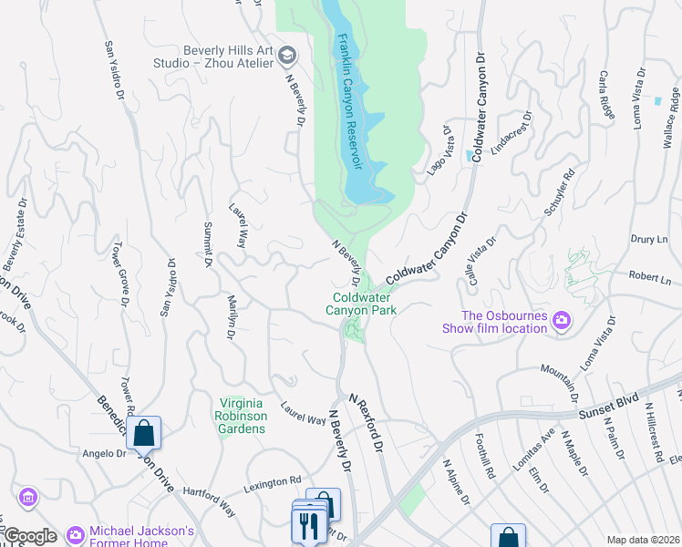 map of restaurants, bars, coffee shops, grocery stores, and more near 1121 North Beverly Drive in Beverly Hills
