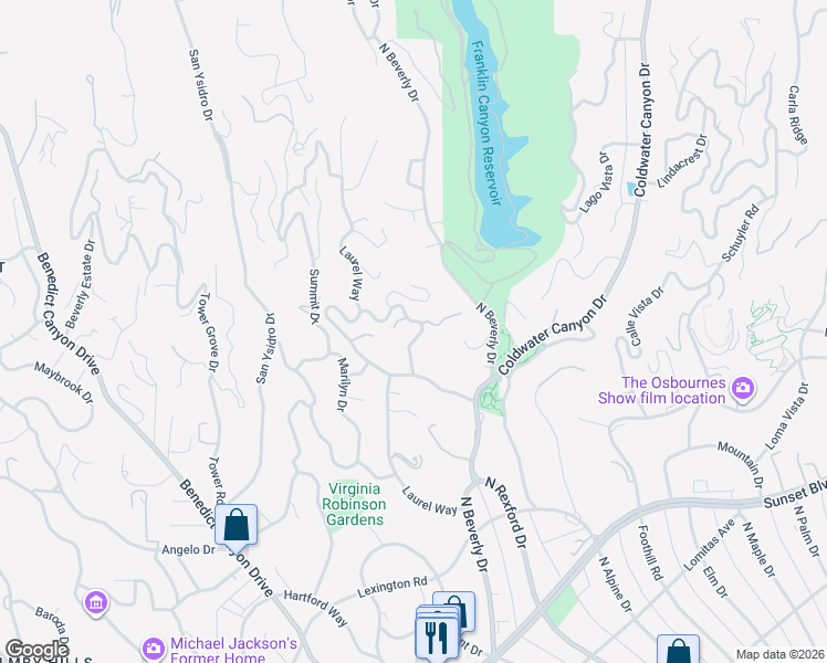 map of restaurants, bars, coffee shops, grocery stores, and more near 1140 Shadow Hill Way in Beverly Hills