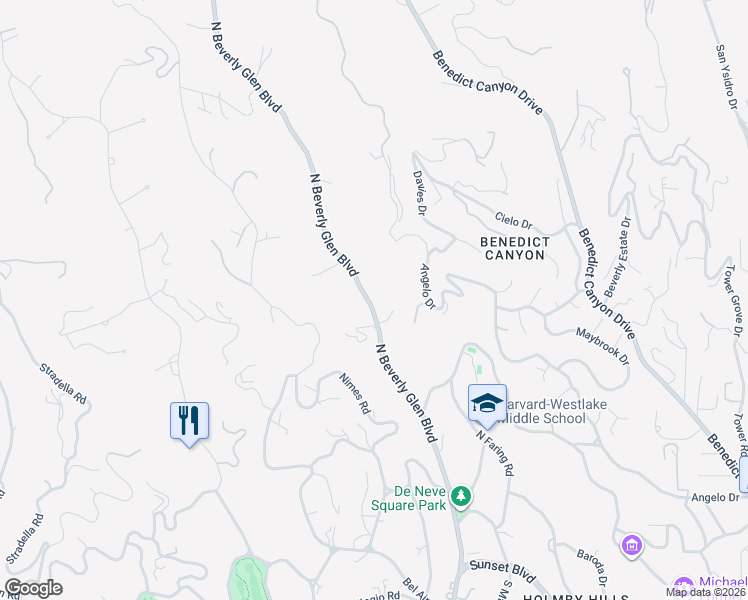 map of restaurants, bars, coffee shops, grocery stores, and more near 896 North Beverly Glen Boulevard in Los Angeles