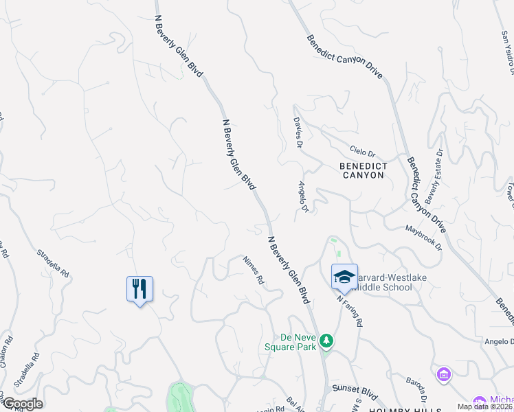 map of restaurants, bars, coffee shops, grocery stores, and more near 896 North Beverly Glen Boulevard in Los Angeles