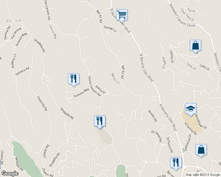 map of restaurants, bars, coffee shops, grocery stores, and more near 10555 Rocca Place in Los Angeles